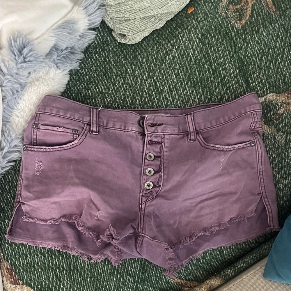Free People Lavender Button-Fly Distressed Denim Shorts